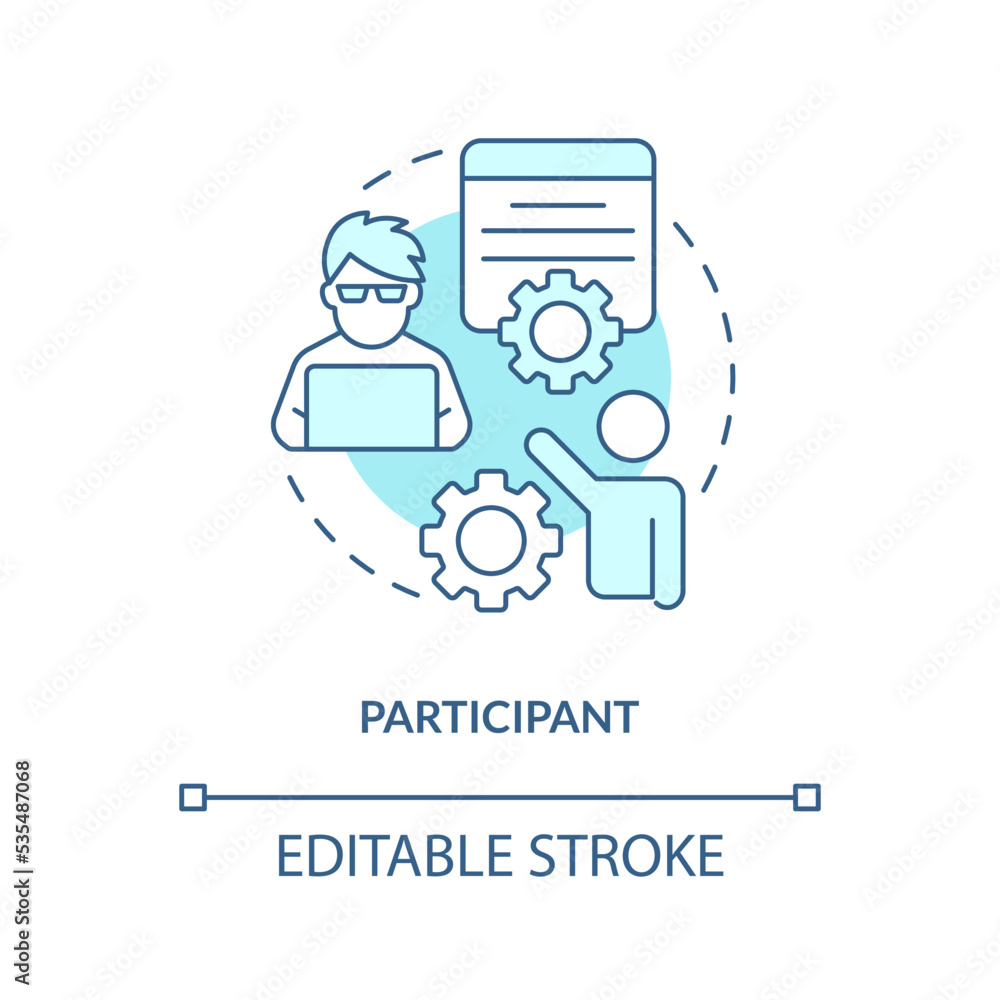 Participant turquoise concept icon. Take part in survey. Research members abstract idea thin line illustration. Isolated outline drawing. Editable stroke. Arial, Myriad Pro-Bold fonts used Participant turquoise concept icon. Take part in survey. Research members abstract idea thin line illustration. Isolated outline drawing. Editable stroke. Arial, Myriad Pro-Bold fonts used