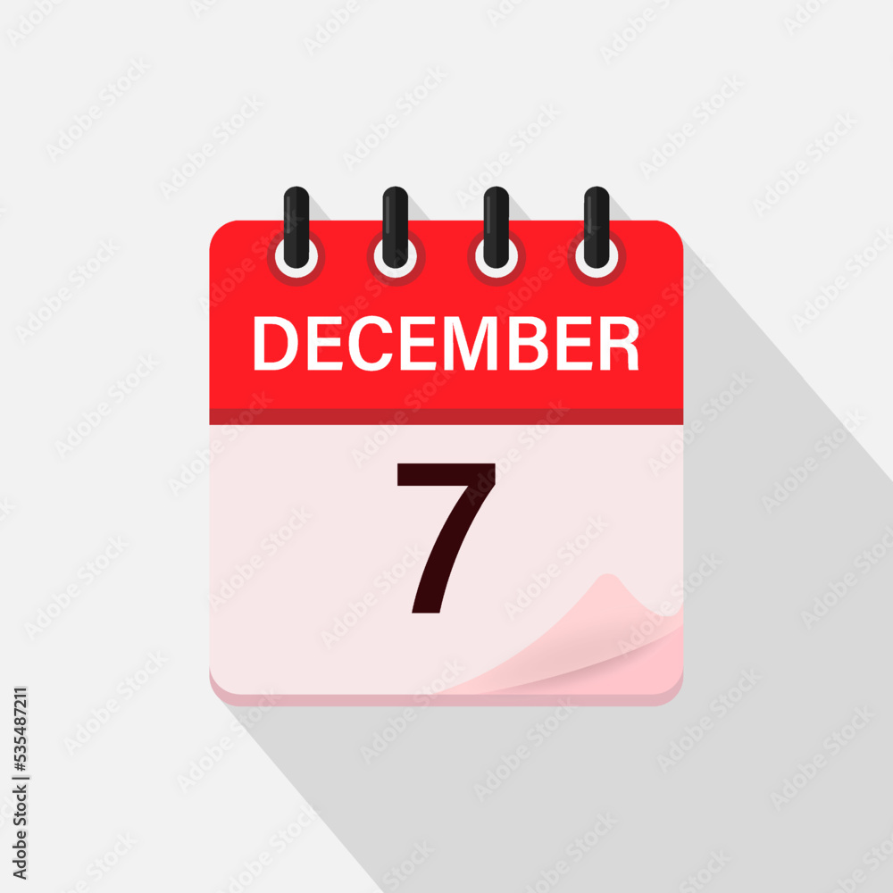 December 7, Calendar icon with shadow. Day, month. Flat vector illustration. December 7, Calendar icon with shadow. Day, month. Flat vector illustration.