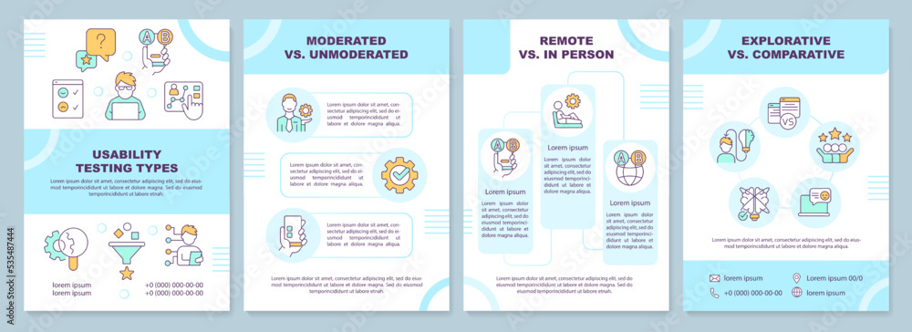 User testing types blue brochure template. UX research methods. Leaflet design with linear icons. Editable 4 vector layouts for presentation, annual reports. Arial-Black, Myriad Pro-Regular fonts used