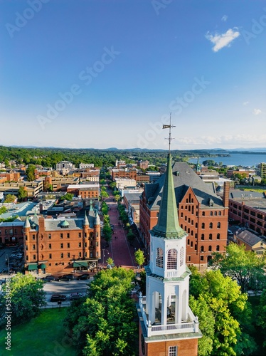 Vertical shot of the beautiful architecture of Church Street in Burlington, Vermont, on a sunny day photo