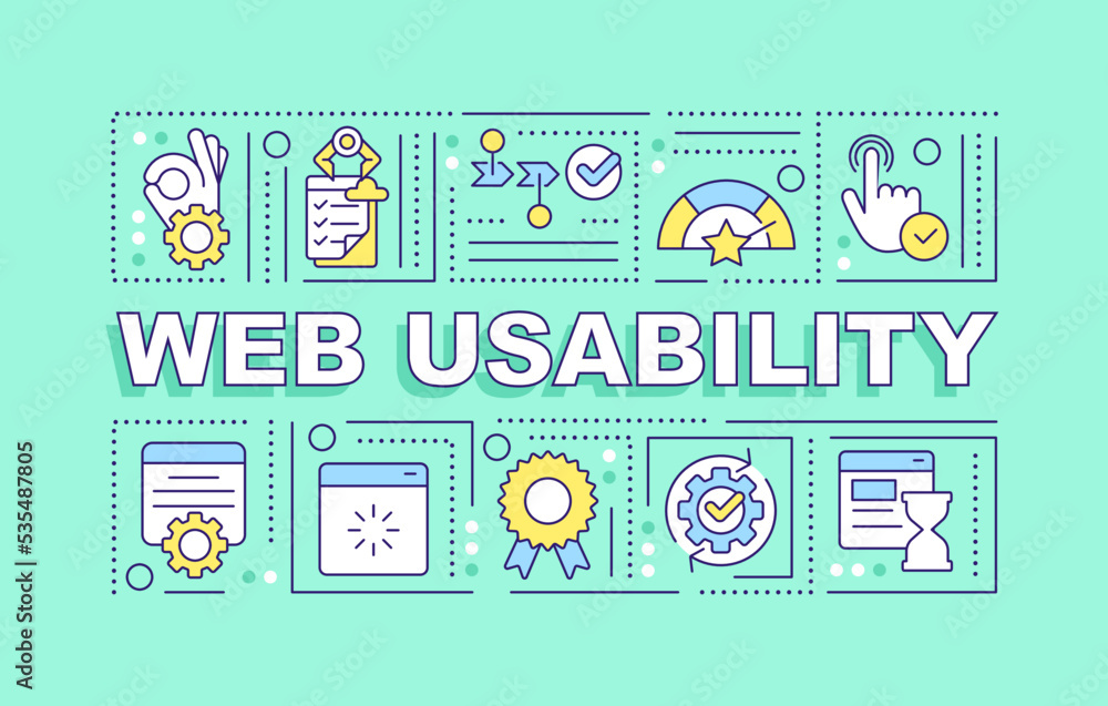 Web usability word concepts mint banner. User experience design. UX. Infographics with editable icons on color background. Isolated typography. Vector illustration with text. Arial-Black font used Web usability word concepts mint banner. User experience design. UX. Infographics with editable icons on color background. Isolated typography. Vector illustration with text. Arial-Black font used
