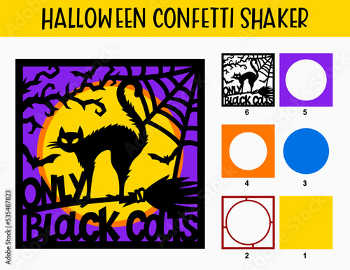 3D Halloween cat confetti shaker. Only black cats. Vector multilayer card. Template for paper cutting. Black cat with broom, web and bats. Inside you can fall asleep glitter and sequins.