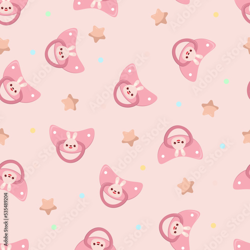 Seamless children's pattern on a pink background. A dummy with a rabbit. Pacifier for children