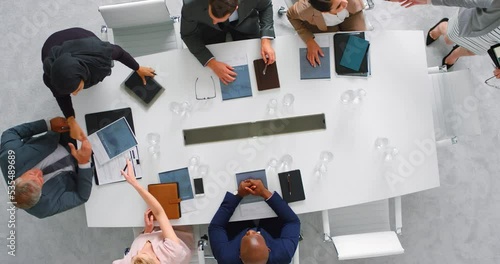 Business people handshake, networking and boardroom meeting start for planning, teamwork consulting and trust collaboration. Above office group, company management and shaking hands for b2b greeting
