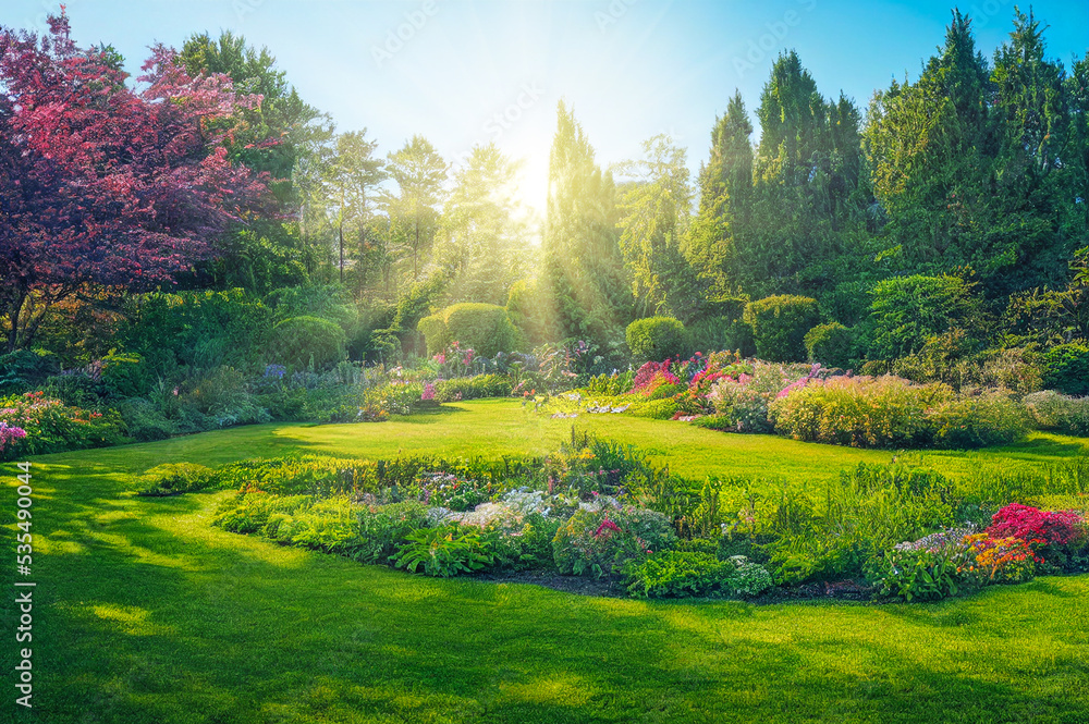 beautiful spring garden with flowers and lawn grass, 3D illustration