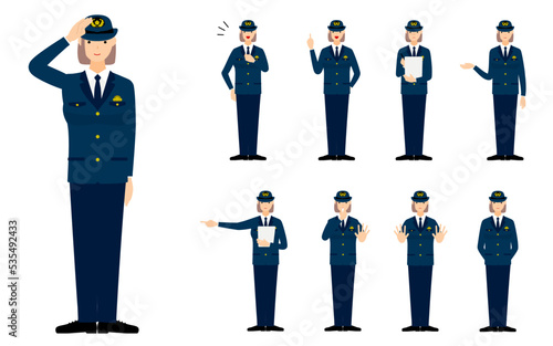 若い女性警官のポーズセット9点、敬礼や制止、取り締まりなど