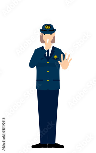 若い女性警官のポーズ、笛を吹いて制止する