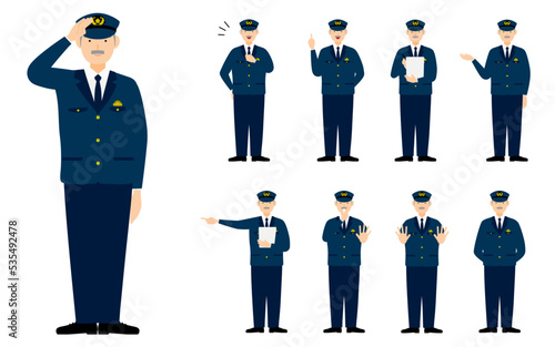 シニア男性警官のポーズセット9点、敬礼や制止、取り締まりなど
