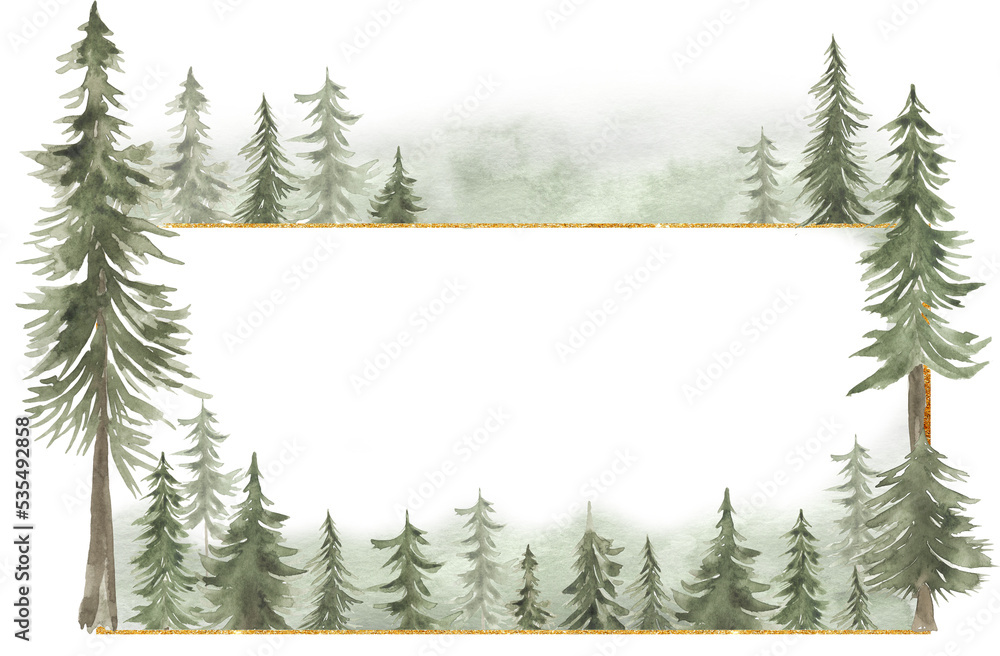 Watercolor woodland frame illustration, forest background. Card invitation design with forest trees. Evergreen trees, oak, fir natural border print