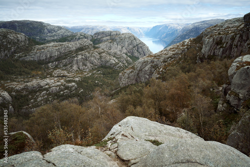 Lysefjord aerial panoramic view from the Preikestolen cliff near Stavanger. Preikestolen or Pulpit Rock is a famous tourist attraction in Norway.