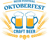 Oktoberfest label, logo or badge design. Beer emblem set. Bavaria brewery festival. October fest badges with beer mug, glass, wheat and malt. Vector illustration.