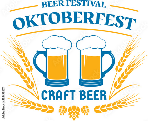 Oktoberfest label, logo or badge design. Beer emblem set. Bavaria brewery festival. October fest badges with beer mug, glass, wheat and malt. Vector illustration.