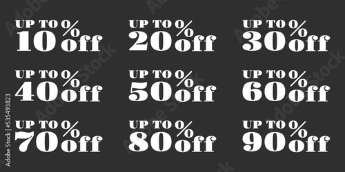 Sale icon set. 10, 20, 30, 40, 50, 60, 70, 80, 90 percent price off. Discount tag, label or sign. Promotion sticker design. Business, advertising, marketing badge. Vector illustration.