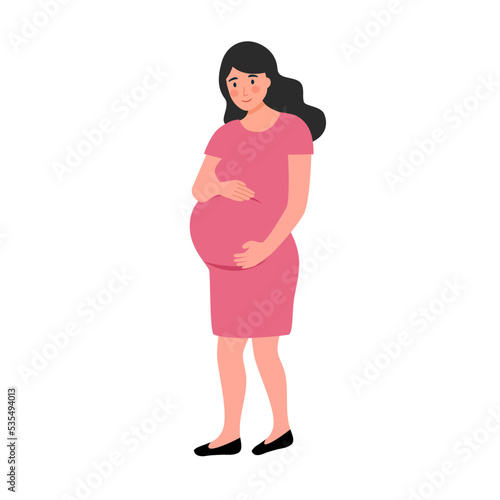 Pregnant woman standing character in flat design on white background.