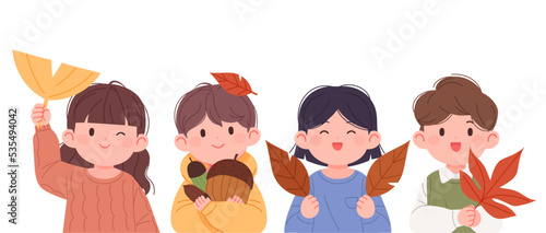 Cute children holding big autumn maple leaves and acorns. Autumn concept kids vector illustration.