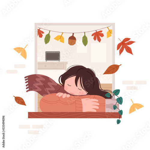 A woman lying down by the window in autumn and meditating. Autumn concept vector illustration.