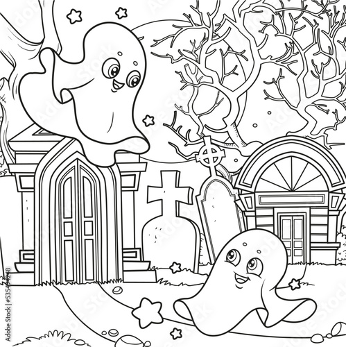 Halloween background of cemetery and crypts with ghosts moon night outlined for coloring page