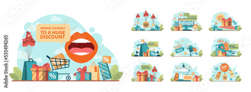 Black friday concept set. Shopping cart and bags with goods and presents.