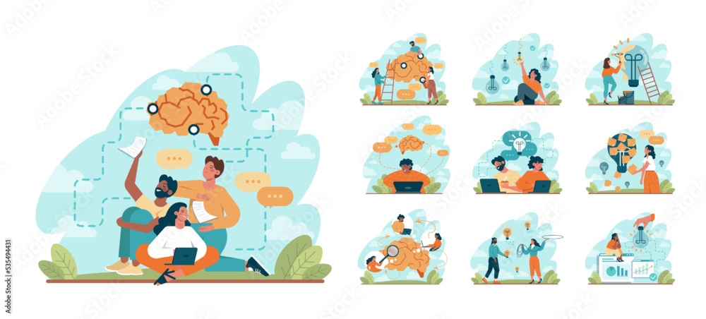 Fototapeta premium Brainstorm concept set. New idea or problem solution generation