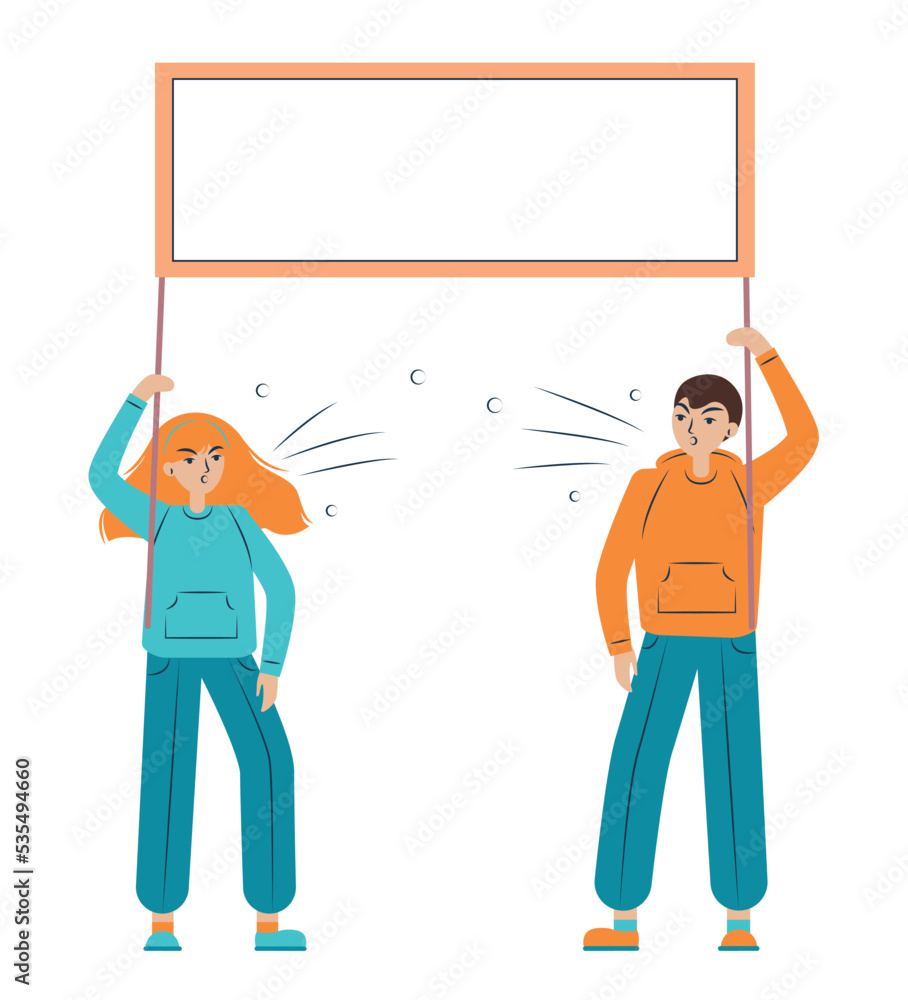 Emotional man and woman protest, holding placard. Protesters at a political rally, parade, or rally. Vector flat illustration. Emotional man and woman protest, holding placard. Protesters at a political rally, parade, or rally. Vector flat illustration.