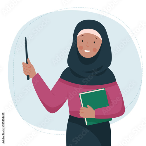 Female arabic teacher. Cute muslim woman in a hijab stands with pointer and book. School and learning concept. Teachers day. 