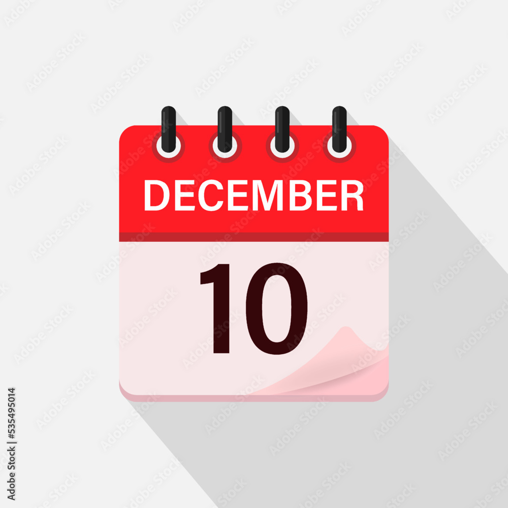 December 10, Calendar icon with shadow. Day, month. Flat vector illustration. December 10, Calendar icon with shadow. Day, month. Flat vector illustration.