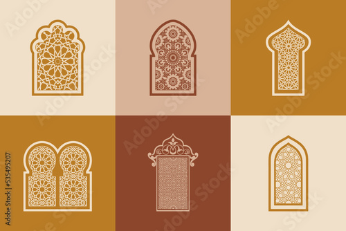 Set of ornamental islamic arabesque windows. Arabic traditional architecture Geometric Pattern. Set of decorative vector panels or screens for laser cutting. Template for interior decor style.