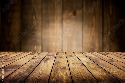 Background beautiful dark wooden desk and wall