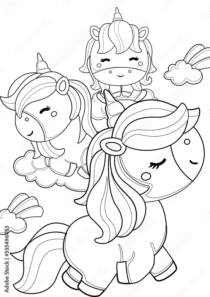 Cute Unicorn Horse Animal Coloring Pages A4 for Kids and Adult Stock