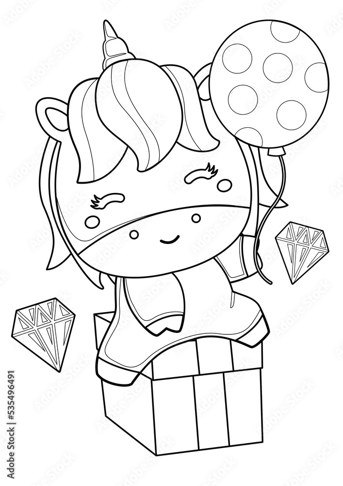 Cute Unicorn Horse Animal Coloring Pages A4 for Kids and Adult Stock