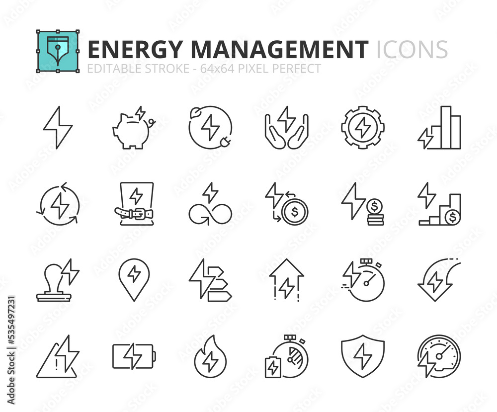 Simple set of outline icons about energy management. Sustainable development