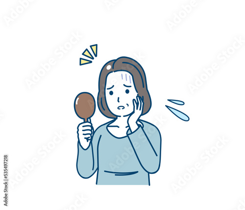 円形脱毛症を気にする中年の女性　悩む　加齢　老化　髪の毛　イラスト