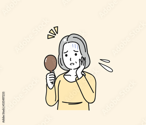 円形脱毛症を気にする中年の女性　悩む　加齢　老化　髪の毛　イラスト