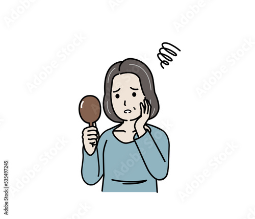 白髪を気にする中年の女性　悩む　加齢　老化　髪の毛　イラスト