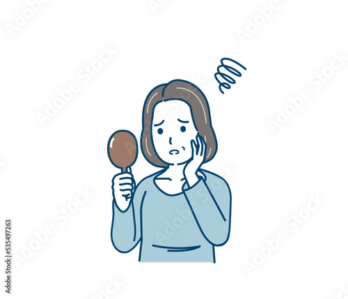 白髪を気にする中年の女性　悩む　加齢　老化　髪の毛　イラスト