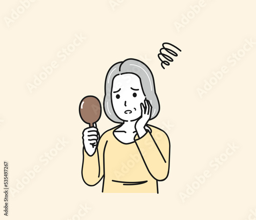 白髪を気にする中年の女性　悩む　加齢　老化　髪の毛　イラスト