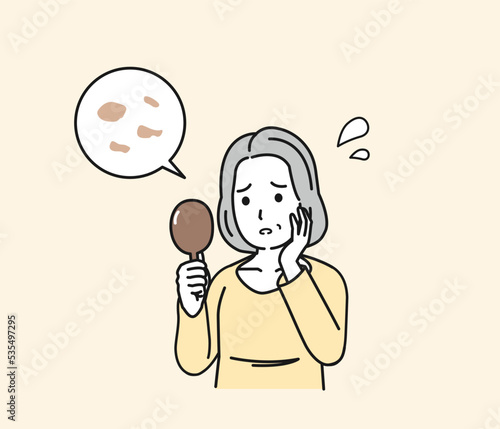 肌のシミを気にする中年の女性　肌荒れ　悩む　加齢　老化　メラニン色素　イラスト