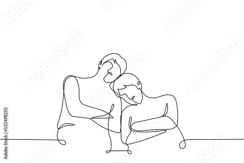 two men fell asleep sitting next to each other with their heads down on top of each other - one line drawing vector. concept long wait, boring event, students fell asleep at the lecture, waiting room