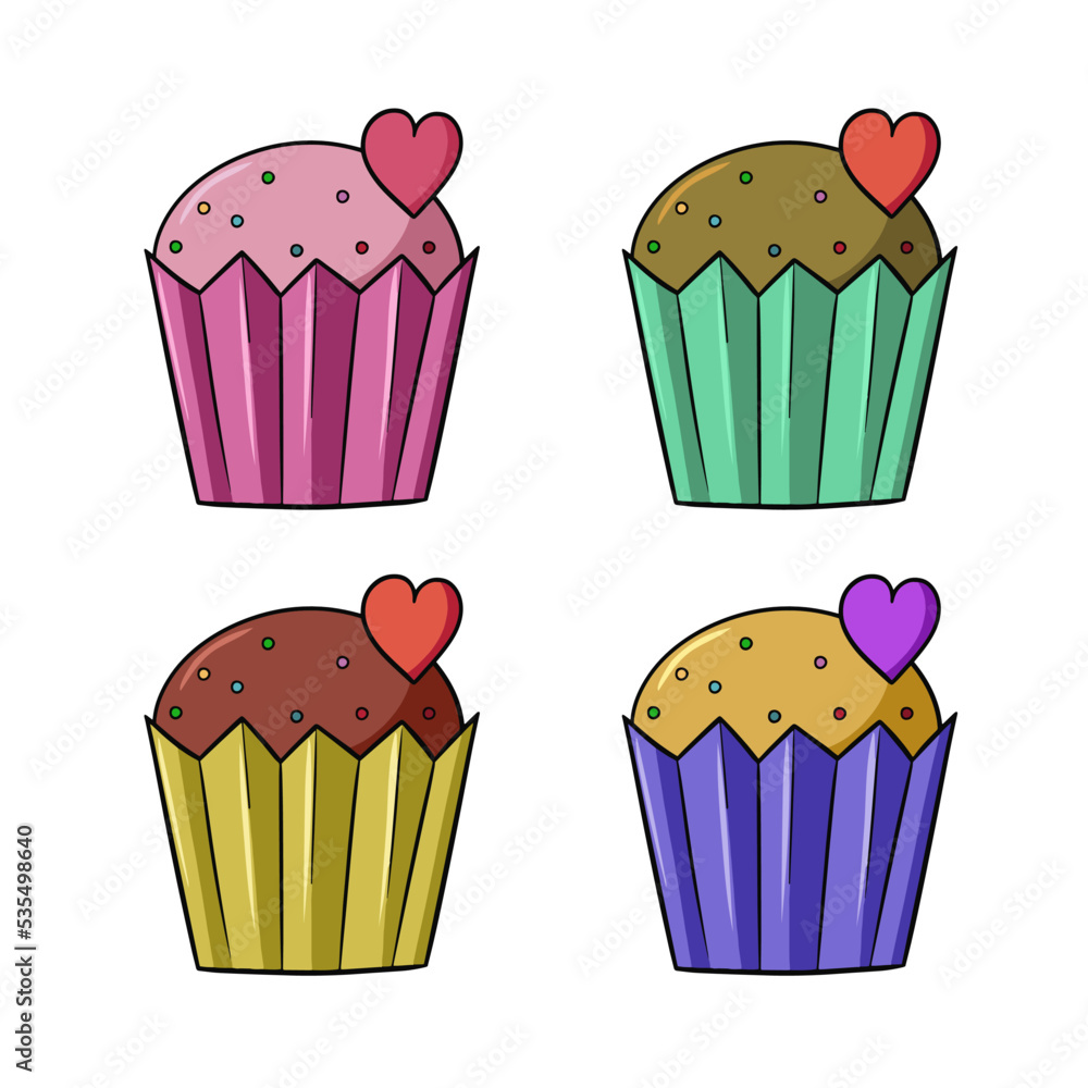 A set of colored icons, a delicious cupcake with powdered sugar and a heart in a paper cup, vector cartoon A set of colored icons, a delicious cupcake with powdered sugar and a heart in a paper cup, vector cartoon