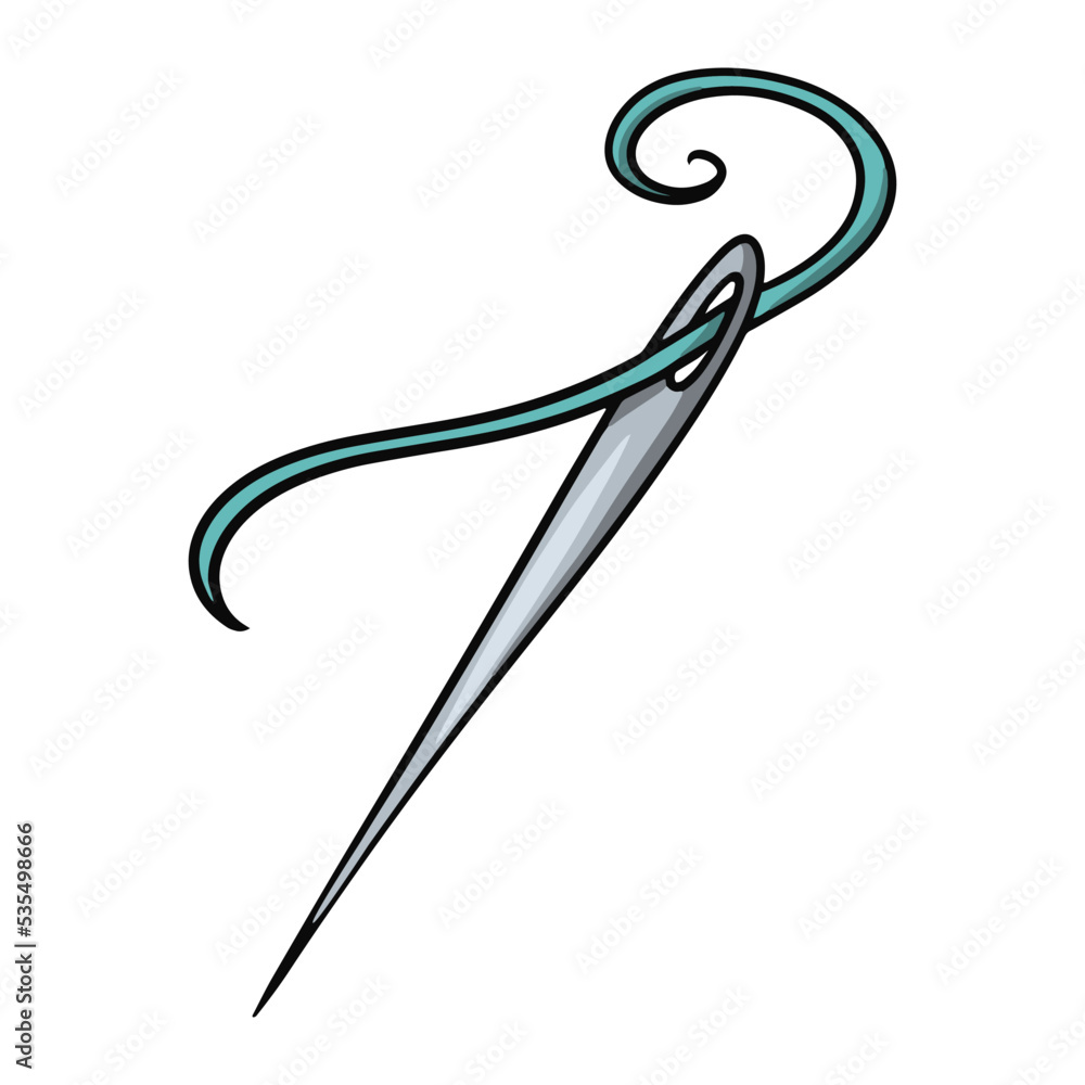 Sharp metal needle with thread, Vector cartoon