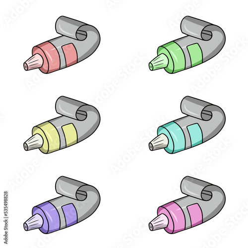 A set of colored icons, a twisted tube of paints, toothpaste, hand and face cream, glue. Vector cartoon