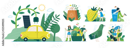 Ecology - Modern flat vector concept illustration on green positive thinking. Waste sorting, Recycling, Green energy, Save the planet, bio farming. Creative landing web page illustrations set