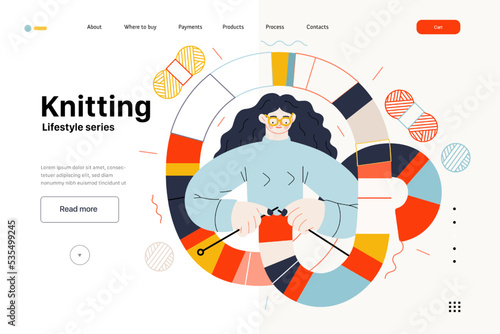 Lifestyle web template - Knitting - modern flat vector illustration of a woman wearing glasses knitting a long striped scarf with knitting needles. People activities concept