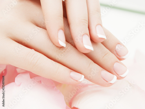 Beautiful Woman Hands. Female Hands Applying Cream  Lotion. Spa and Manicure concept. Female hands with french manicure. Soft skin  skincare concept. Hand Skin Care.