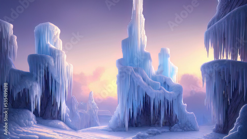 Winter landscape with neon sunset. Large blocks of ice  frozen trees. Fantasy winter snowy landscape. Frozen nature. 
