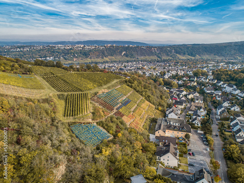 Aerial view Famous German Wine Region Moselle River Lay and Guels village Autumn Fall colors