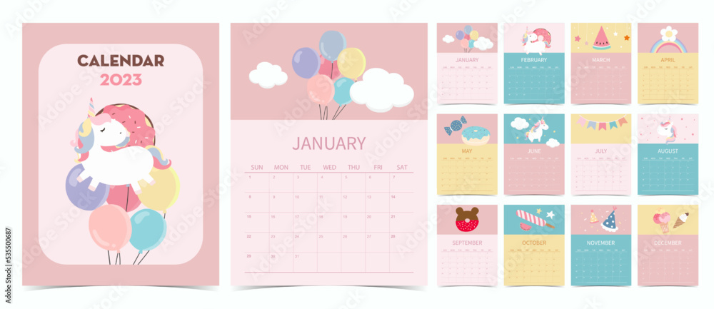 Cute calendar 2023 with unicorn,balloon and rainbow