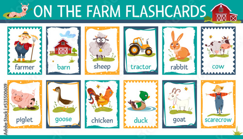 Vector printable flashcards set with cartoon farm animals. Kids collection for learning english words with barn, tractor, farmer and scarecrow. Rural countryside flash cards with piglet, sheep, rabbit