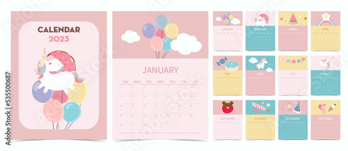 Cute calendar 2023 with unicorn,balloon and rainbow