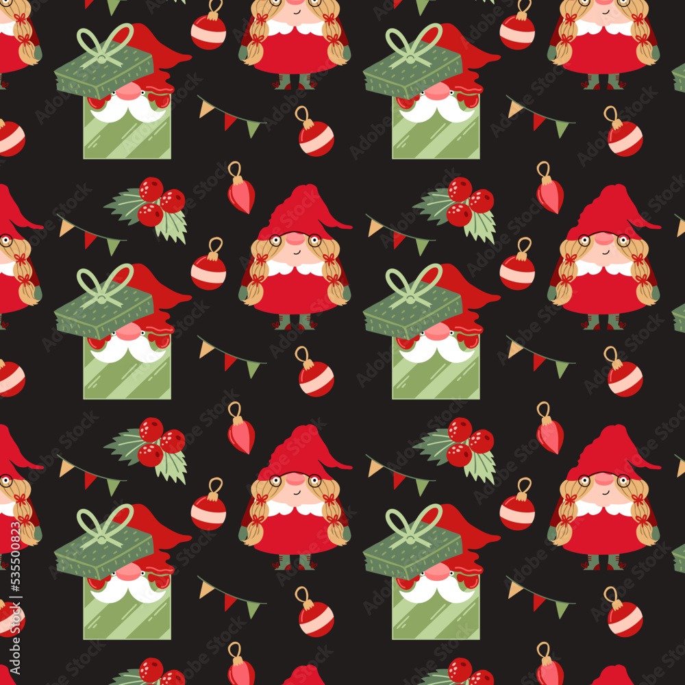 Christmas gnomes pattern. Background for the New Year and Christmas. Childish style festive texture Christmas gnomes pattern. Background for the New Year and Christmas. Childish style festive texture